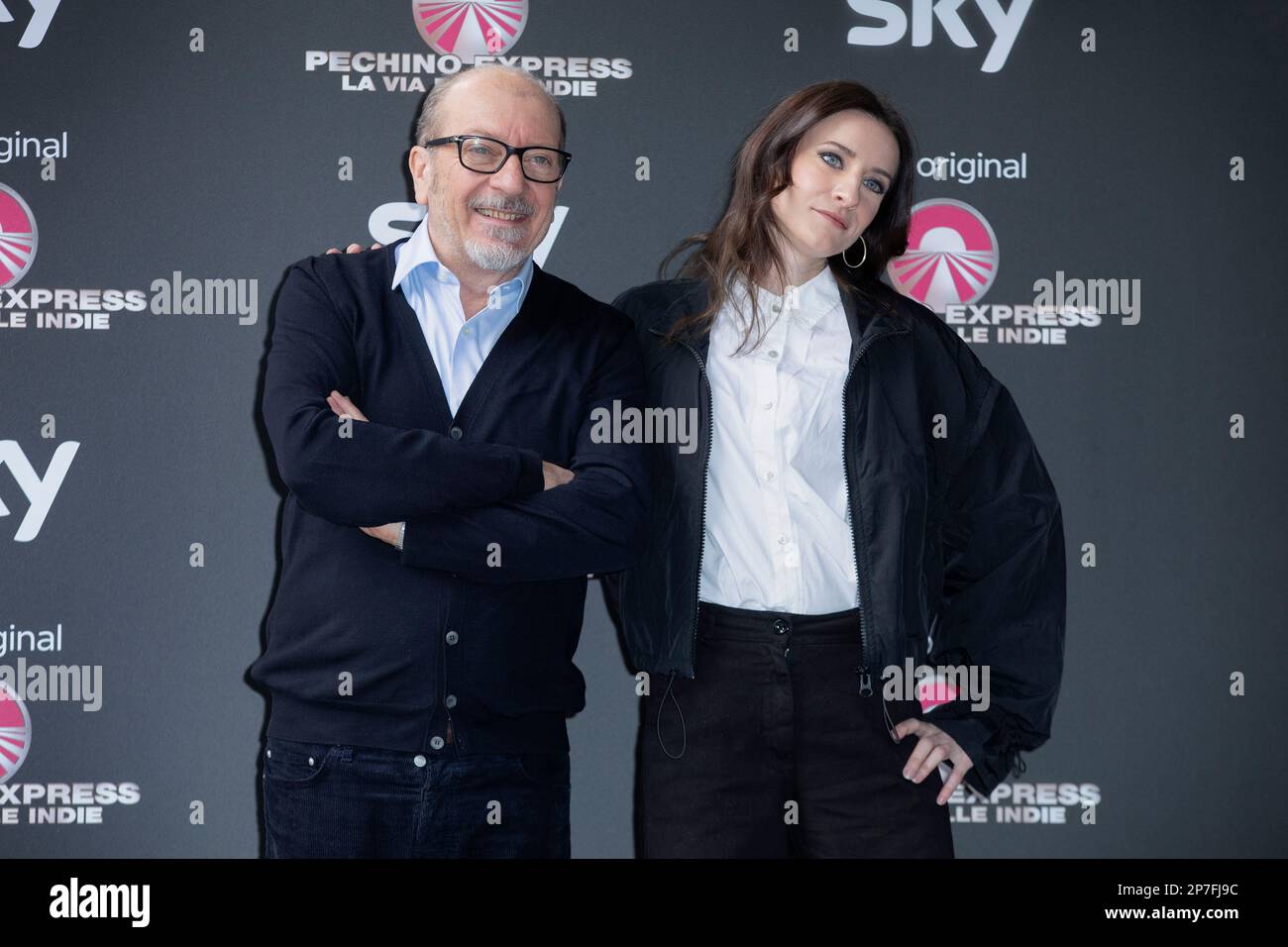 MILAN, ITALY - MARCH 06: Dario Vergassola and Caterina Vergassola attend the photo-call for 'Pechino Express La via delle Indie' Sky Original on March Stock Photo