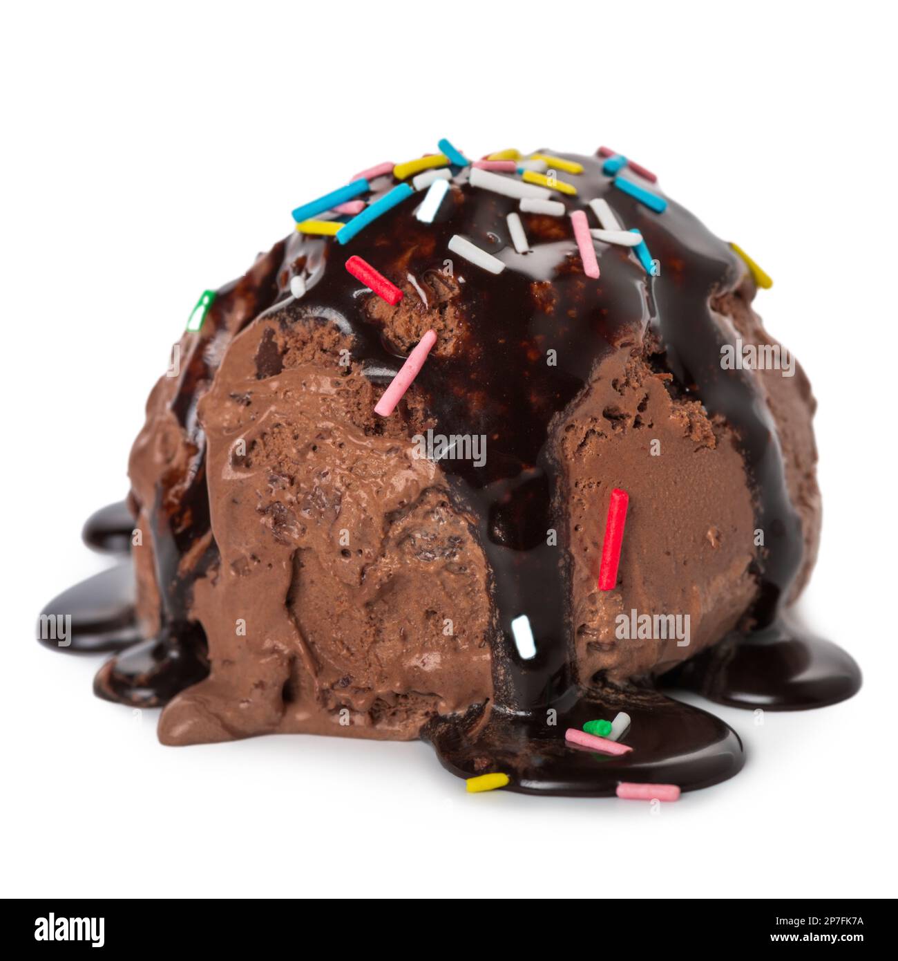 melt chocolate scoop of sundae ice cream covered with chocolate icing and strewed sprinkles isolated on white background, close up. Stock Photo