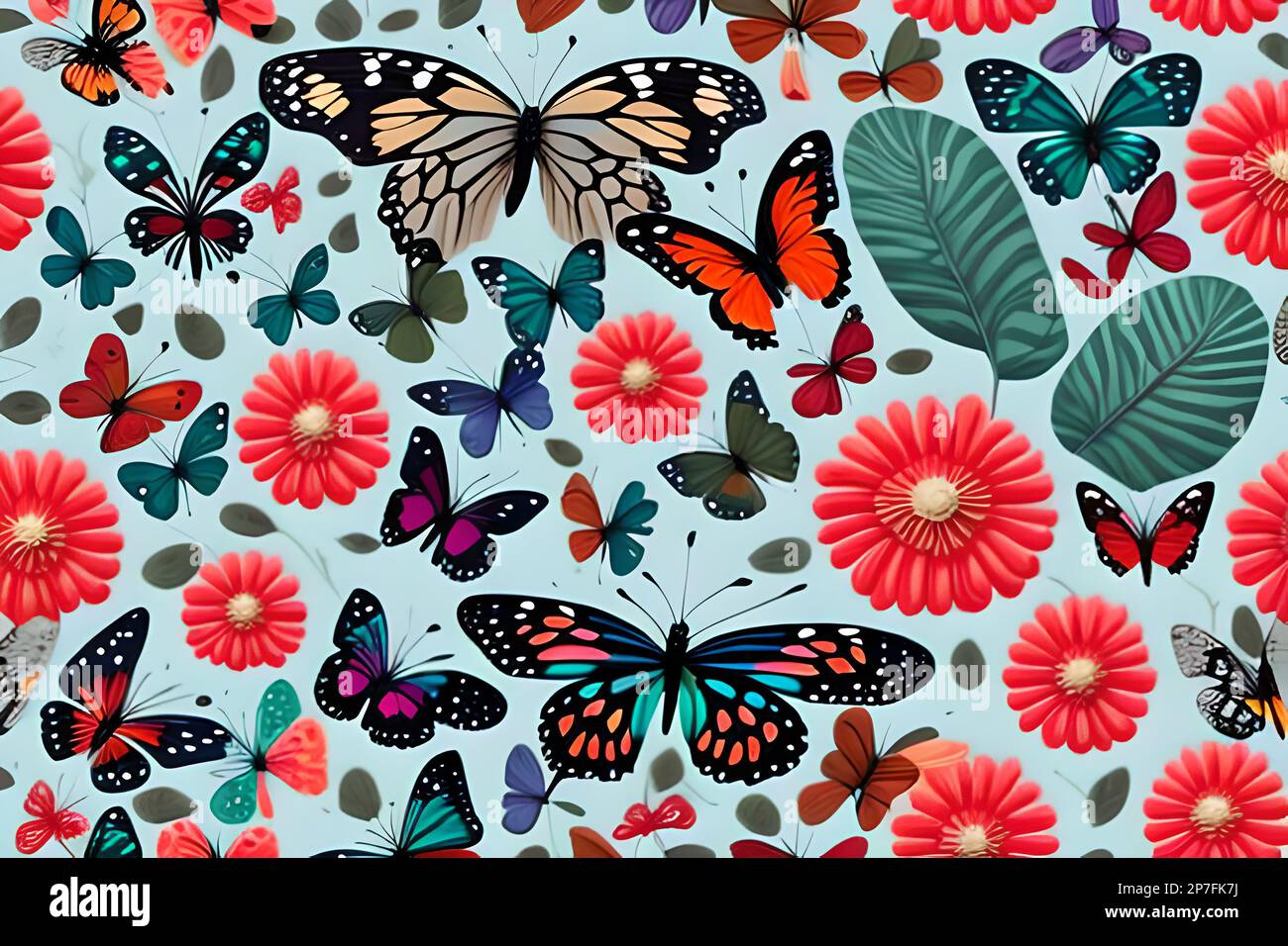 Irregular patterns with butterflies and flowers, a template sample for backgrounds with decorative graphic style objects in contrasted tones on light Stock Photo