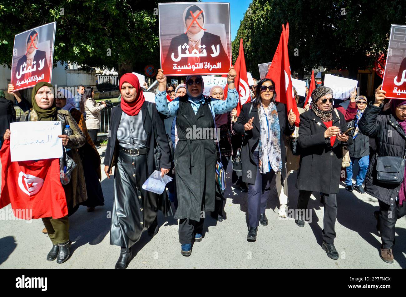 Tunis, Tunisia. 8th Mar, 2023. Tunis, Tunisia. 08 March 2023. Tunisians attend a demonstration on International Women's Day in the capital Tunis. During the event participants called the release of prominent figures opposed to the president who have been arrested in recent weeks (Credit Image: © Hasan Mrad/IMAGESLIVE via ZUMA Press Wire) EDITORIAL USAGE ONLY! Not for Commercial USAGE! Credit: ZUMA Press, Inc./Alamy Live News Stock Photo