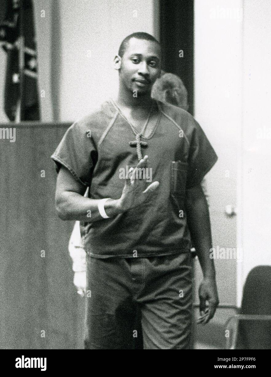 FILE - In this Jan. 16, 1991 file photo, Troy Anthony Davis enters a courtroom for a hearing while on trail for the shooting death of off-duty police officer Mark MacPhail. Death penalty appeals from condemned inmates usually hinge on technicalities, legal hiccups and procedural errors. But this week a federal judge will hear evidence from a death row inmate convicted of gunning down a Savannah police officer that will center on a more fundamental question: Is he innocent? Troy Davis' attorneys and legal experts alike say such an argument is highly unusual. And many say the evidentiary hearing Stock Photo