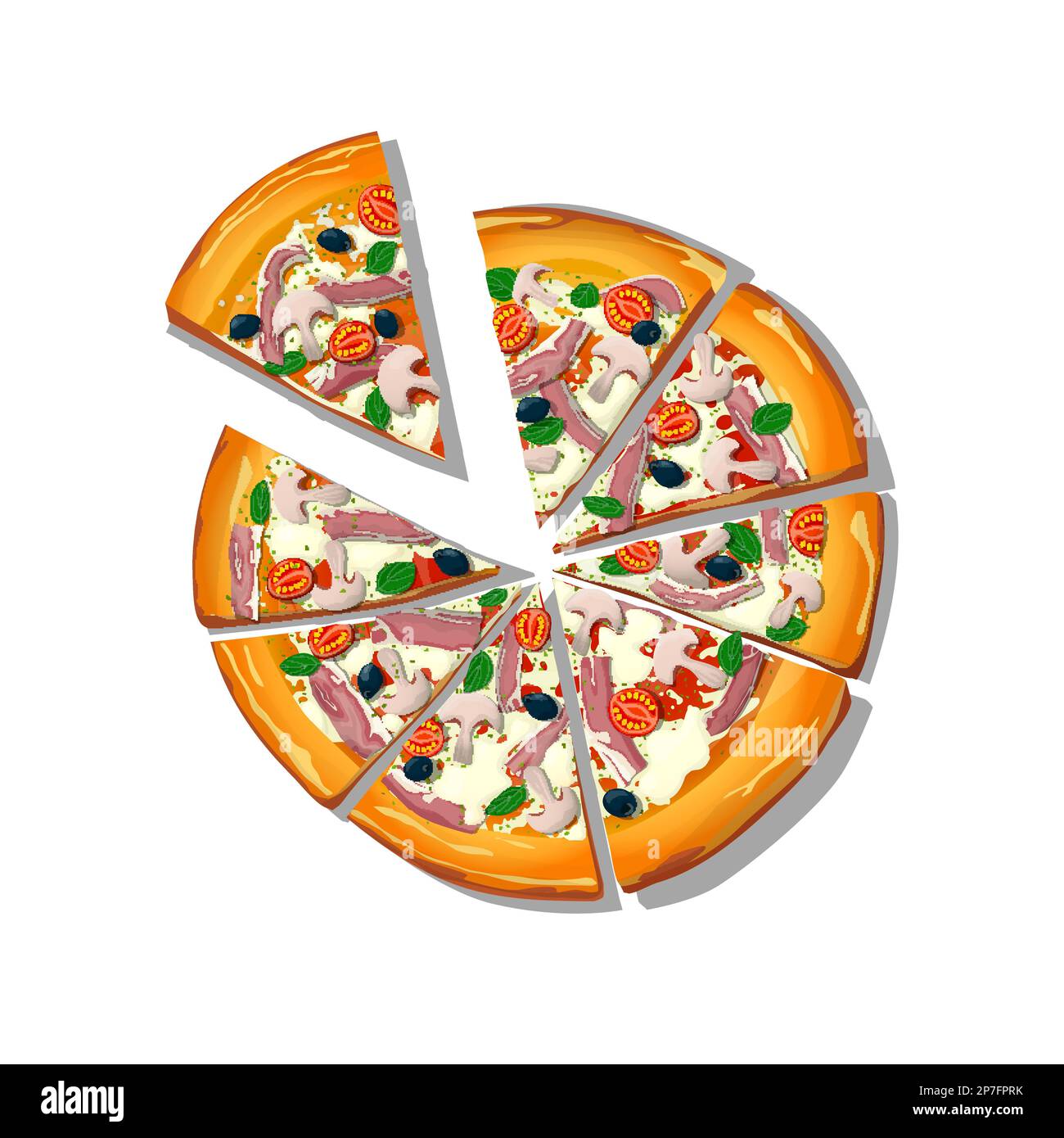 Sliced Pizza Prosciutto e Funghi cartoon over white background, vector