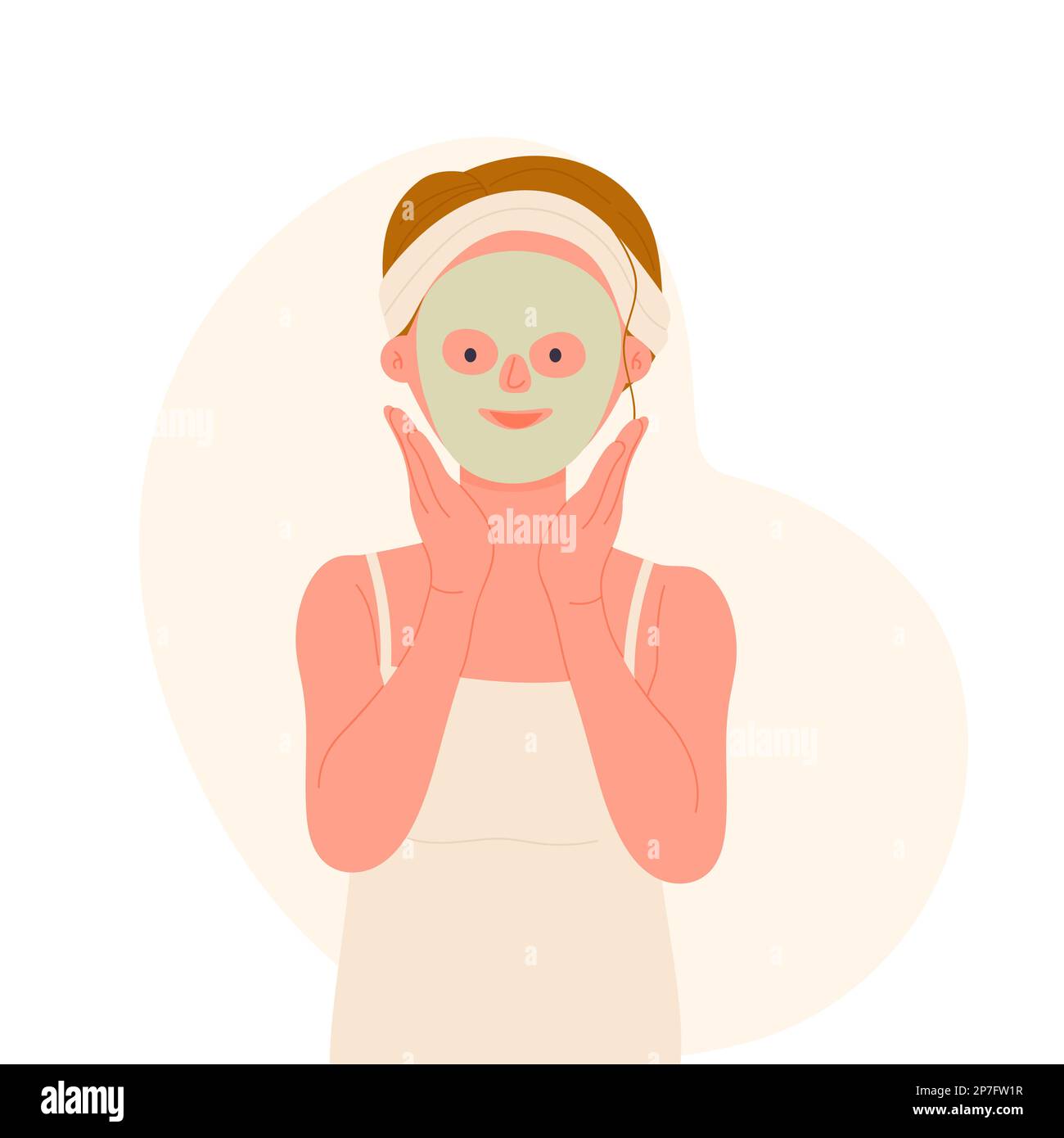 Young girl with face mask. Beauty skin care, morning refreshing face routine vector illustration