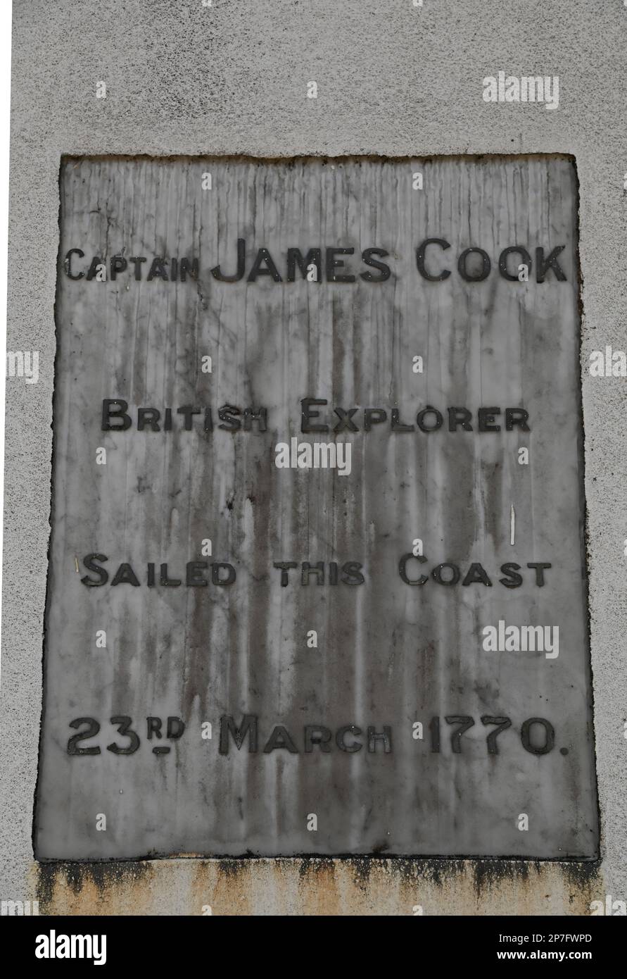 One of four commemorative plaques on an obelisk in Okarito, West Coast, erected to mark the centennial of the founding of New Zealand. Stock Photo