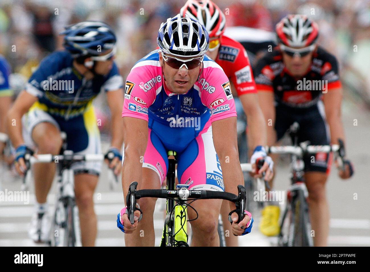 Italy's Alessandro Petacchi from Lampre-Farnese Vini, crosses the finish  line to win the 4th stage, a 192.2 km race from Schwarzenburg to Wettingen,  at the 74nd Tour de Suisse UCI ProTour cycling