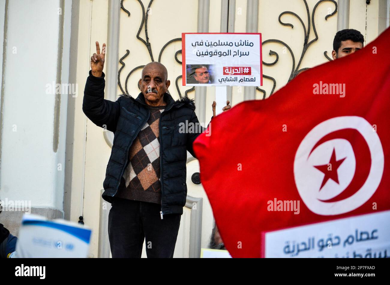 Tunis, Tunisia. 8th Mar, 2023. Tunis, Tunisia. 08 March 2023. Tunisians attend a demonstration on International Women's Day in the capital Tunis. During the event participants called the release of prominent figures opposed to the president who have been arrested in recent weeks (Credit Image: © Hasan Mrad/IMAGESLIVE via ZUMA Press Wire) EDITORIAL USAGE ONLY! Not for Commercial USAGE! Credit: ZUMA Press, Inc./Alamy Live News Stock Photo
