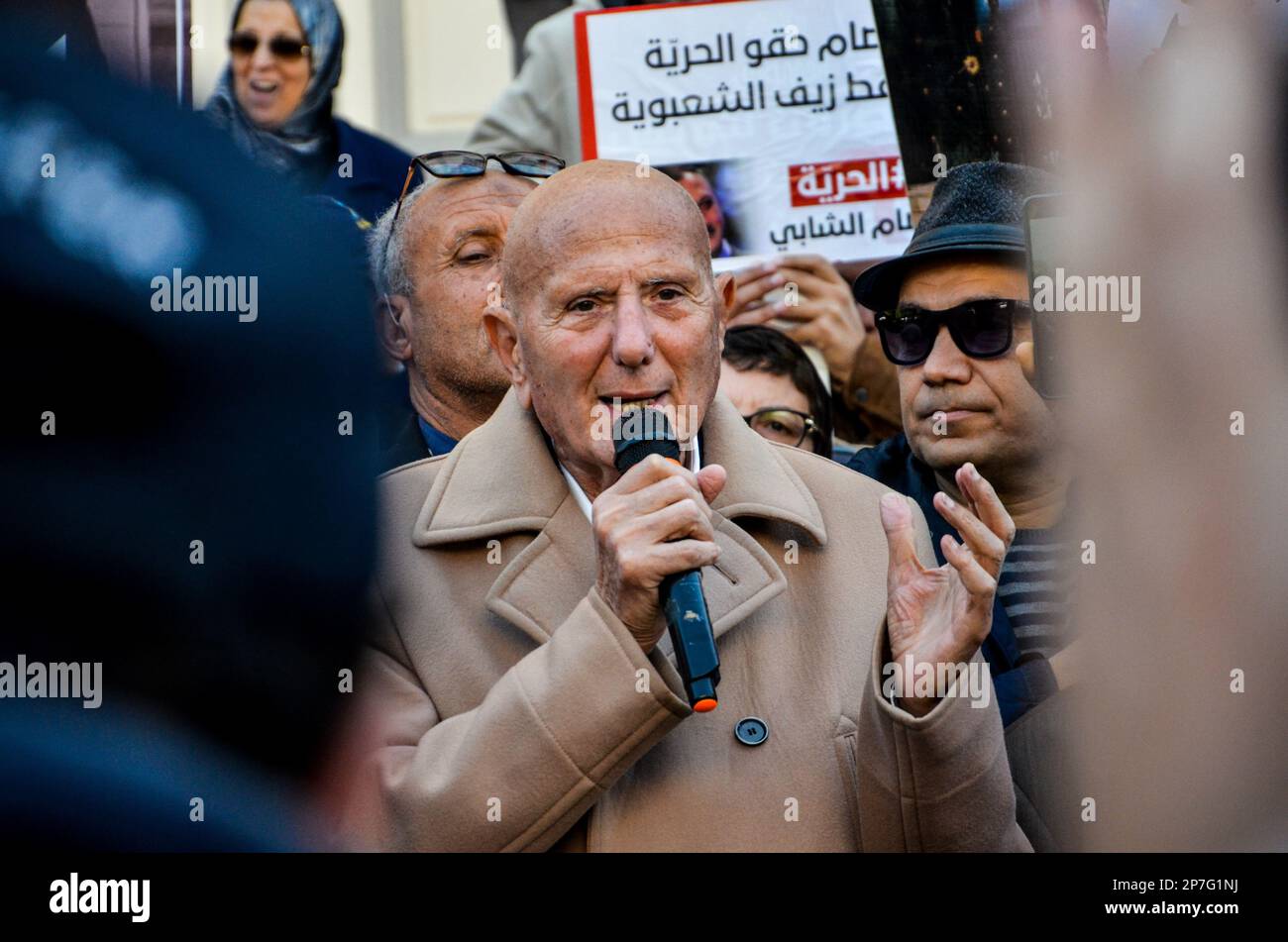 Tunis, Tunisia. 8th Mar, 2023. Tunis, Tunisia. 08 March 2023. The head of the 'National Salvation Front'' in Tunisia, Ahmed Najib Chebbi, takes part in a demonstration to commemorate International Women's Day in the capital Tunis. During the event participants called the release of prominent figures opposed to the president who have been arrested in recent weeks (Credit Image: © Hasan Mrad/IMAGESLIVE via ZUMA Press Wire) EDITORIAL USAGE ONLY! Not for Commercial USAGE! Credit: ZUMA Press, Inc./Alamy Live News Stock Photo