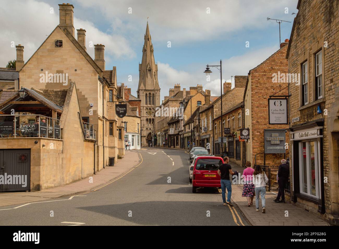 A view along Castle Street in Stamford to Saint Mary's church. Stamford is a town in Lincolnshire, England. Stock Photo