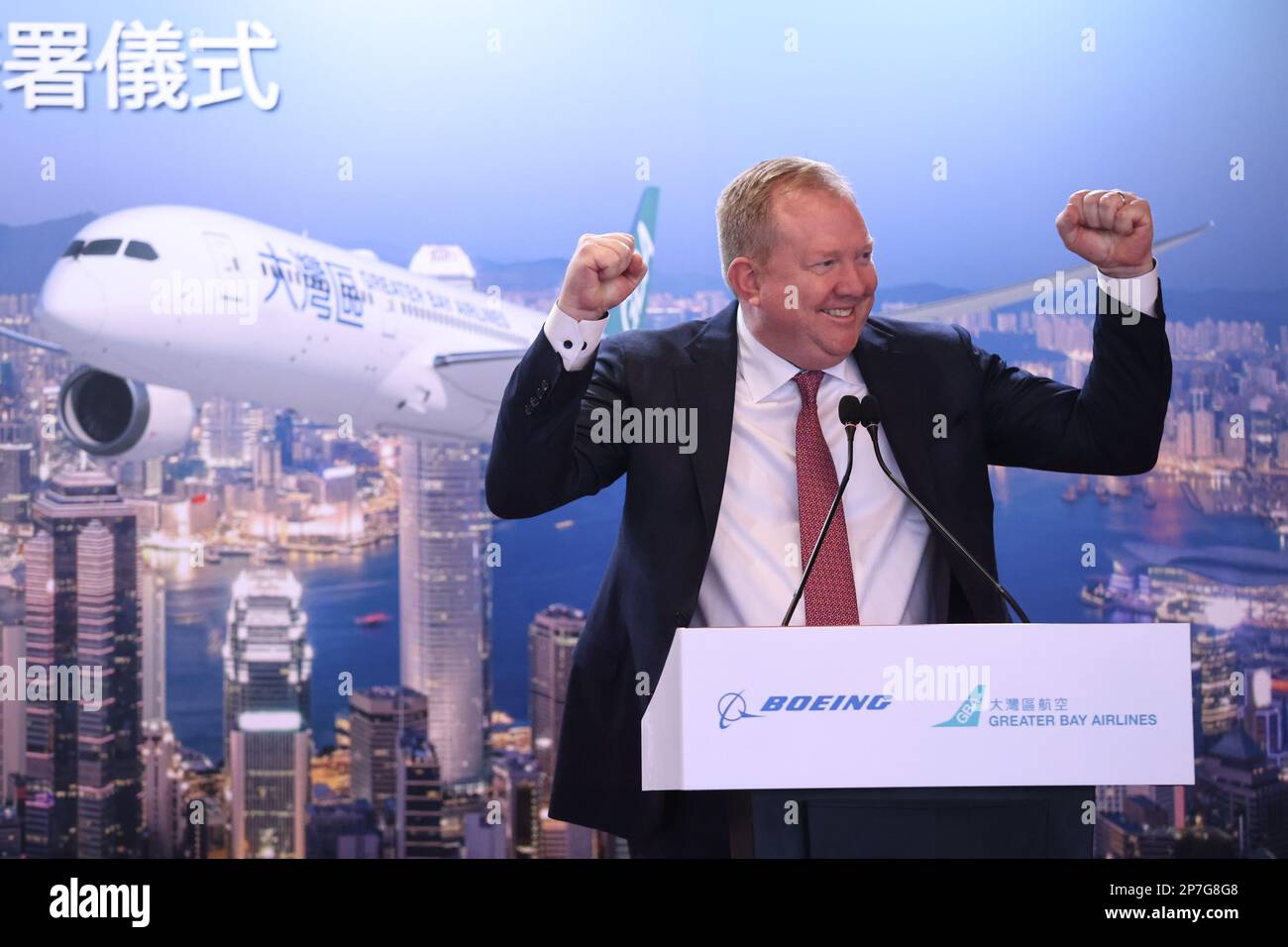 Stanley A. Deal, President and Chief Executive Officer of Boeing Commercial Airplanes, attends the signing ceremony between Greater Bay Airlines (GBA) and Boeing at Island Shangri-La Hotel.  The airlines has ordered 15 Boeing 737-9 MAX aircraft and is eyeing five 787 Dreamliners. 03MAR23 SCMP /K. Y. Cheng Stock Photo