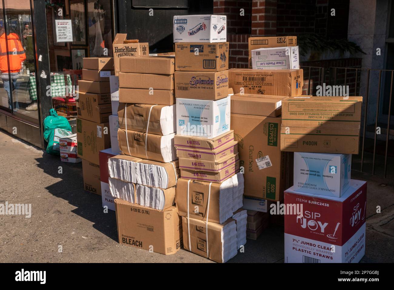 A delivery of foodstuffs and other restaurant supplies in front of a diner in the Chelsea neighborhood of New York on Tuesday, March 7, 2023. (© Richard B. Levine) Stock Photo