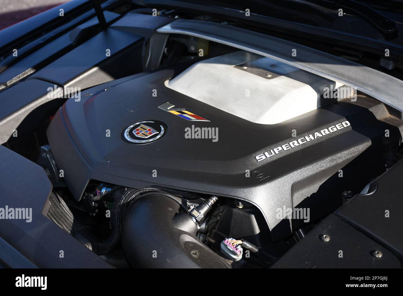 A LT4 Supercharged Engine in a Cadillac CTS V. Stock Photo