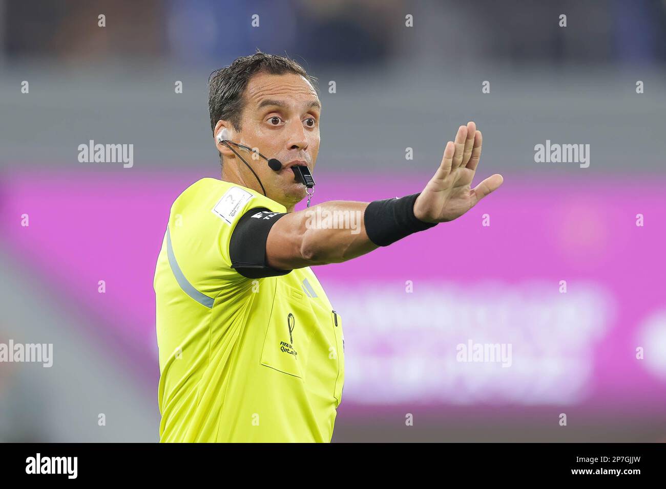 Referee Fernando Rapallini makes a gesture during the FIFA World Cup Qatar 2022 match between Serbia and Switzerland at Stadium 974. Final score; Serbia 2:3 Switzerland. Stock Photo