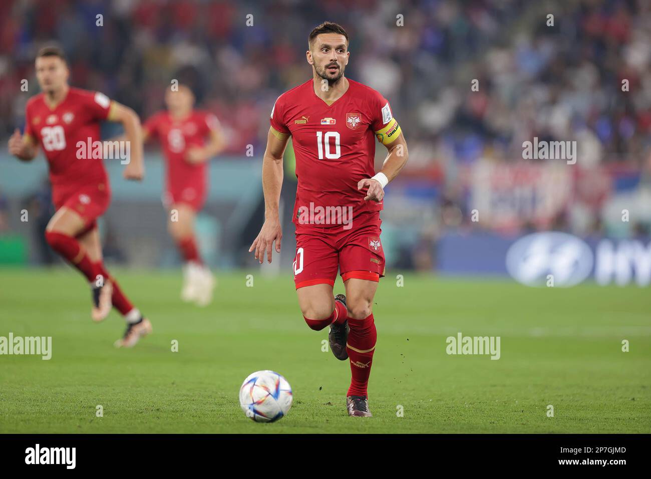 Dusan Tadic of Serbia in action during the FIFA World Cup Qatar 2022 match between Serbia and Switzerland at Stadium 974. Final score; Serbia 2:3 Switzerland. Stock Photo