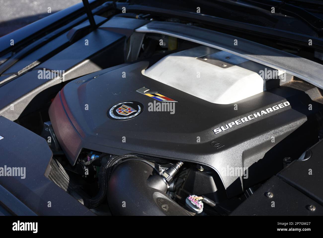 A LT4 Supercharged Engine in a Cadillac CTS V. Stock Photo