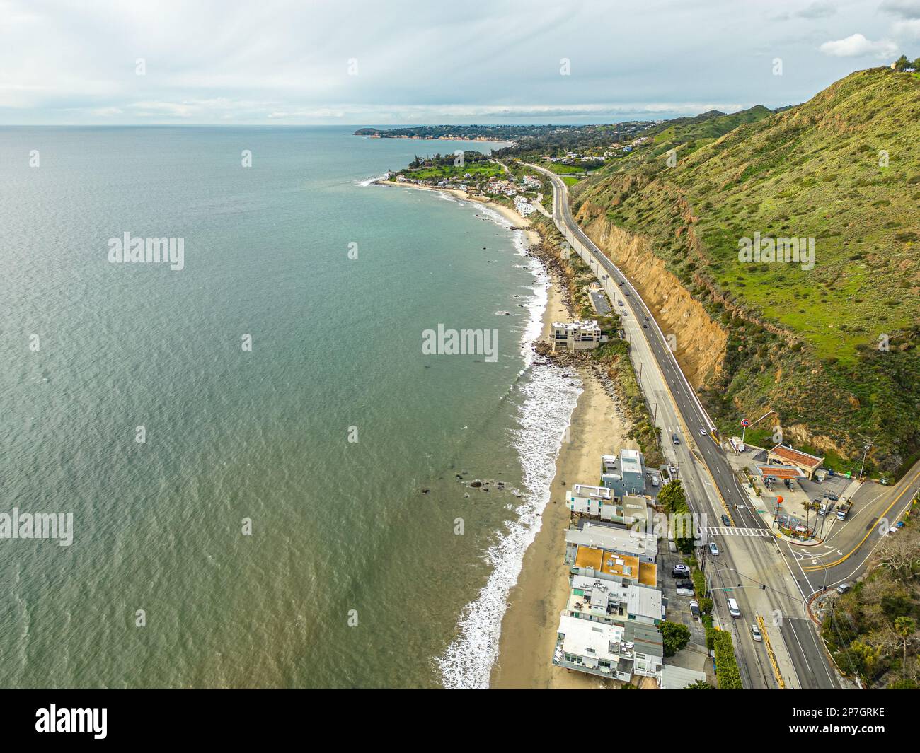 Highway Route 1 California. Aerial Panorama of the coastline and road. Green hills and beach on side Stock Photo