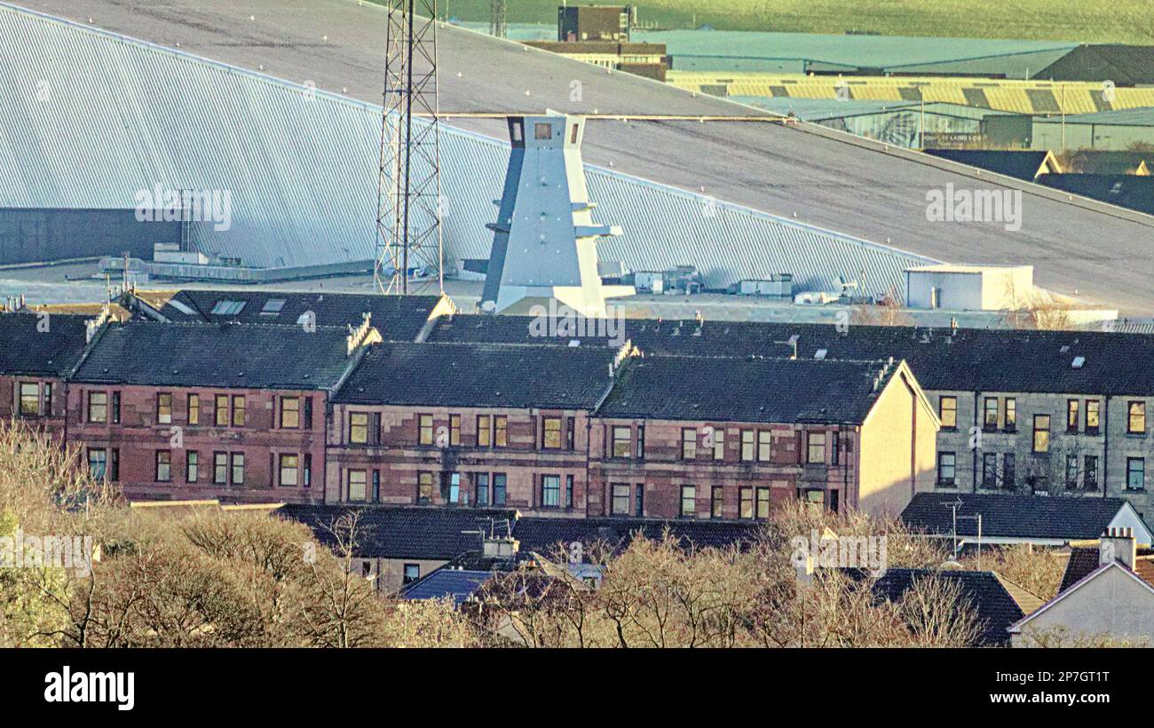 Glasgow, Scotland, UK 8th March, 2023. HMS Glasgow hidden in the tenements of Yoker in the city as it sits on the  river clyde front of xsite Braehead Arena,, Credit Gerard Ferry/Alamy Live News Stock Photo