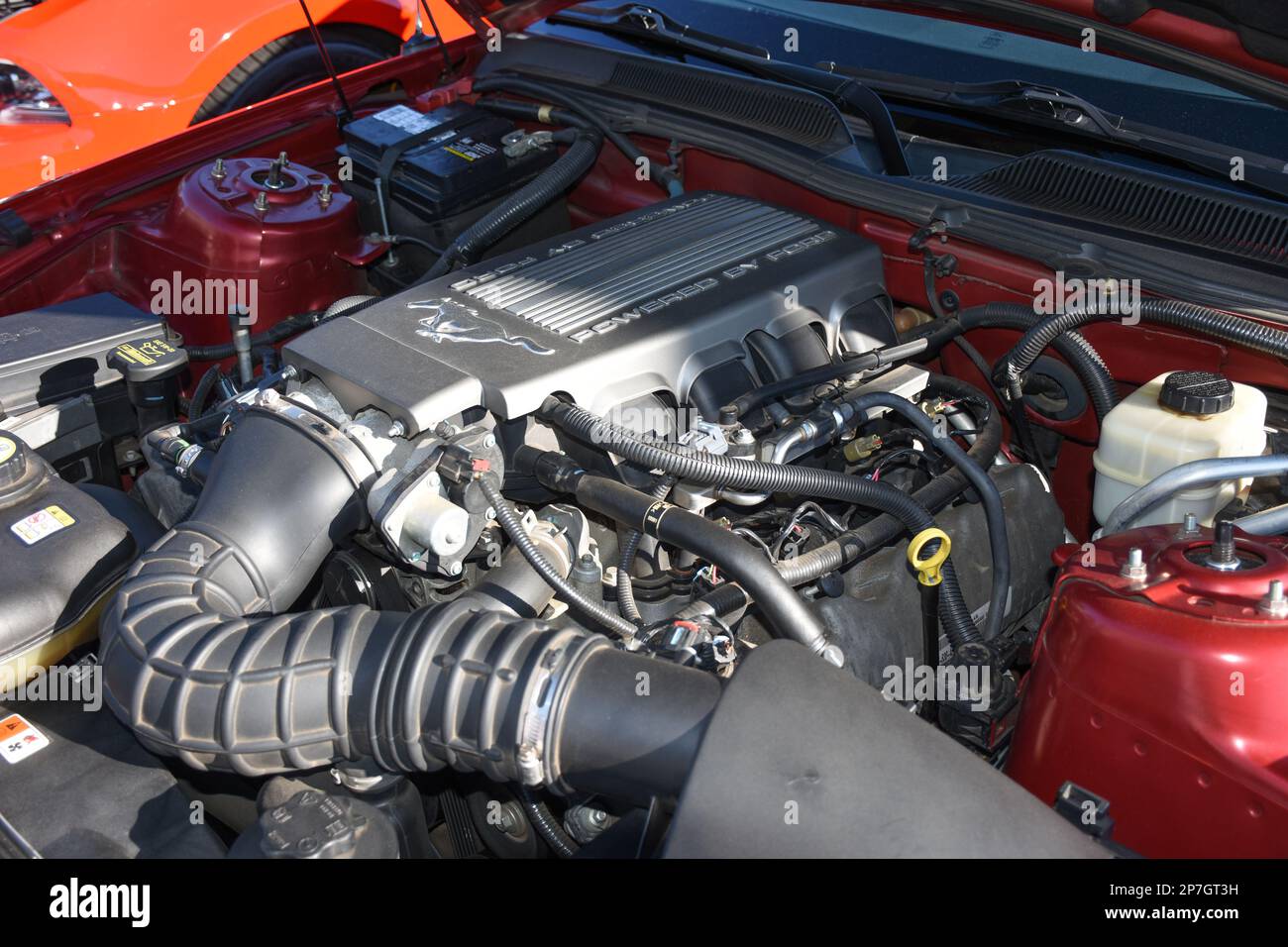The Engine Bay of a Ford Mustang. Stock Photo