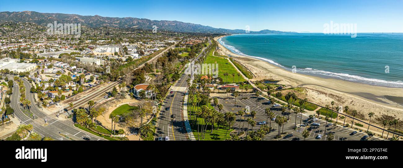 Santa Barbara Aerial Panorama. Scenic shot of Pier and beach Stock Photo