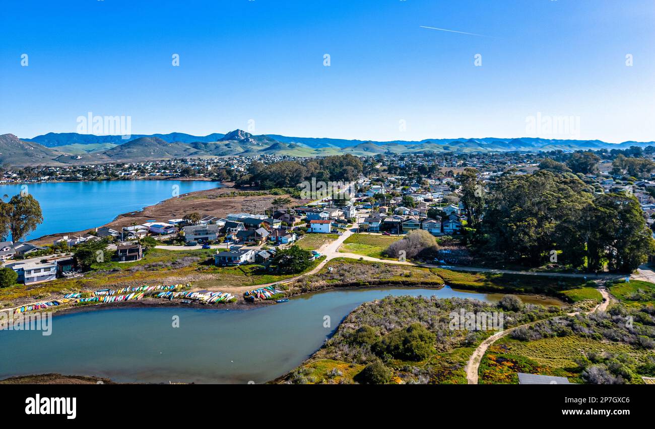 Morro Bay Aerial Panorama. Californan pacific coast. Beautiful scenic shot of the bay Stock Photo