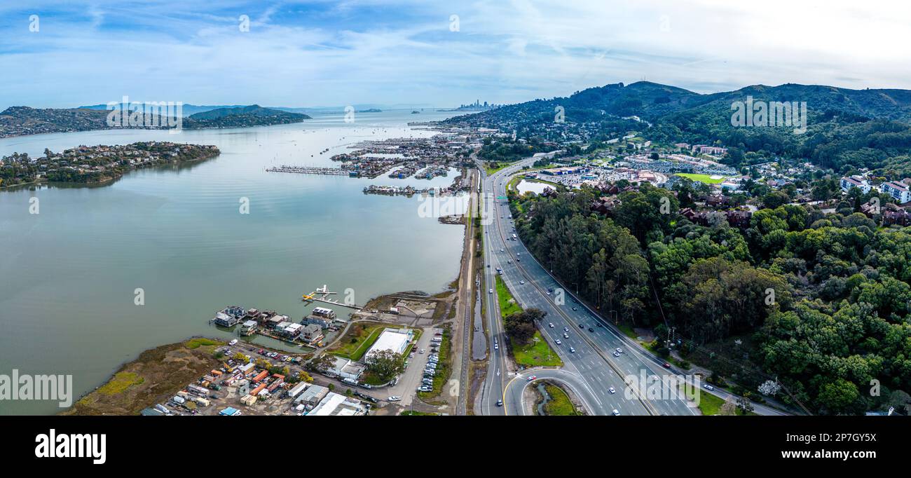 Sausalito Aerial Shot. San Francisco, Bay Area, Pacific Ocean. Scneic Panorama Stock Photo