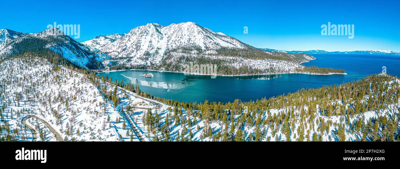 Lake Tahoe California. Emerald Bay. Winter Drone Panorama. Beautiful colors. Stock Photo