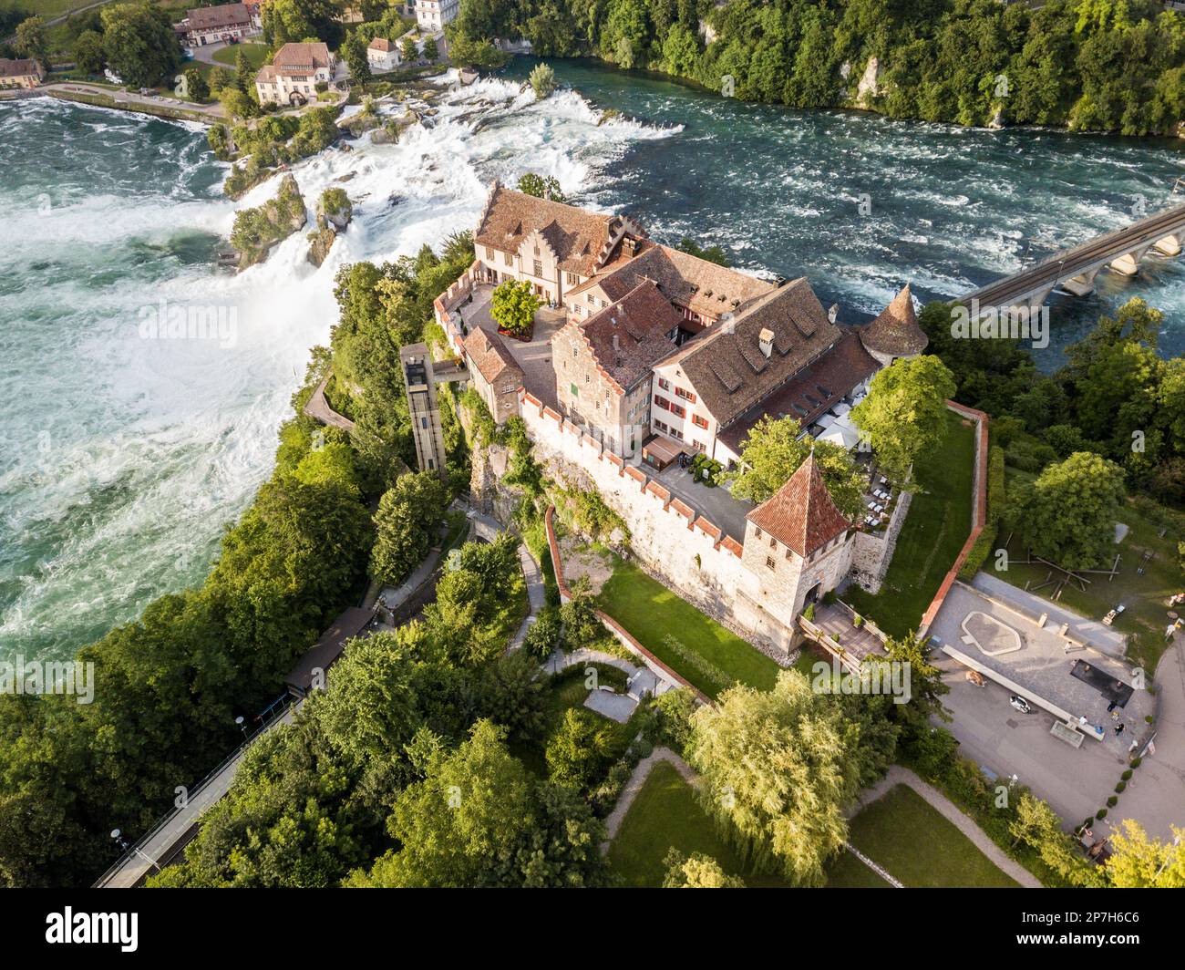 Laufen, Switzerland - 02 July, 201: Aerial image with drone over the Rhine Falls and Castle Laufen in Switzerland - the largest waterfall in Europe Stock Photo
