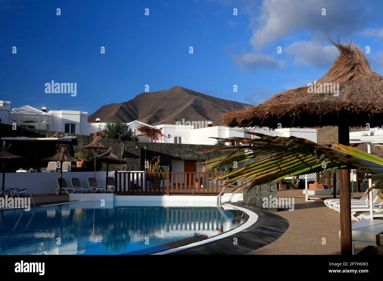 Pool of the Villas Coloradamar,  Las Coloradas, Playa Blanca, Lanzarote, Canary Islands, Spain. Stock Photo