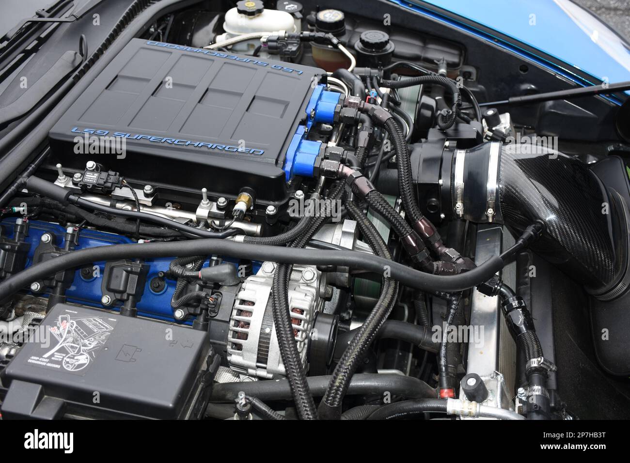 The LS9 Engine in a ZR1 Supercharged Corvette on display at a car show. Stock Photo