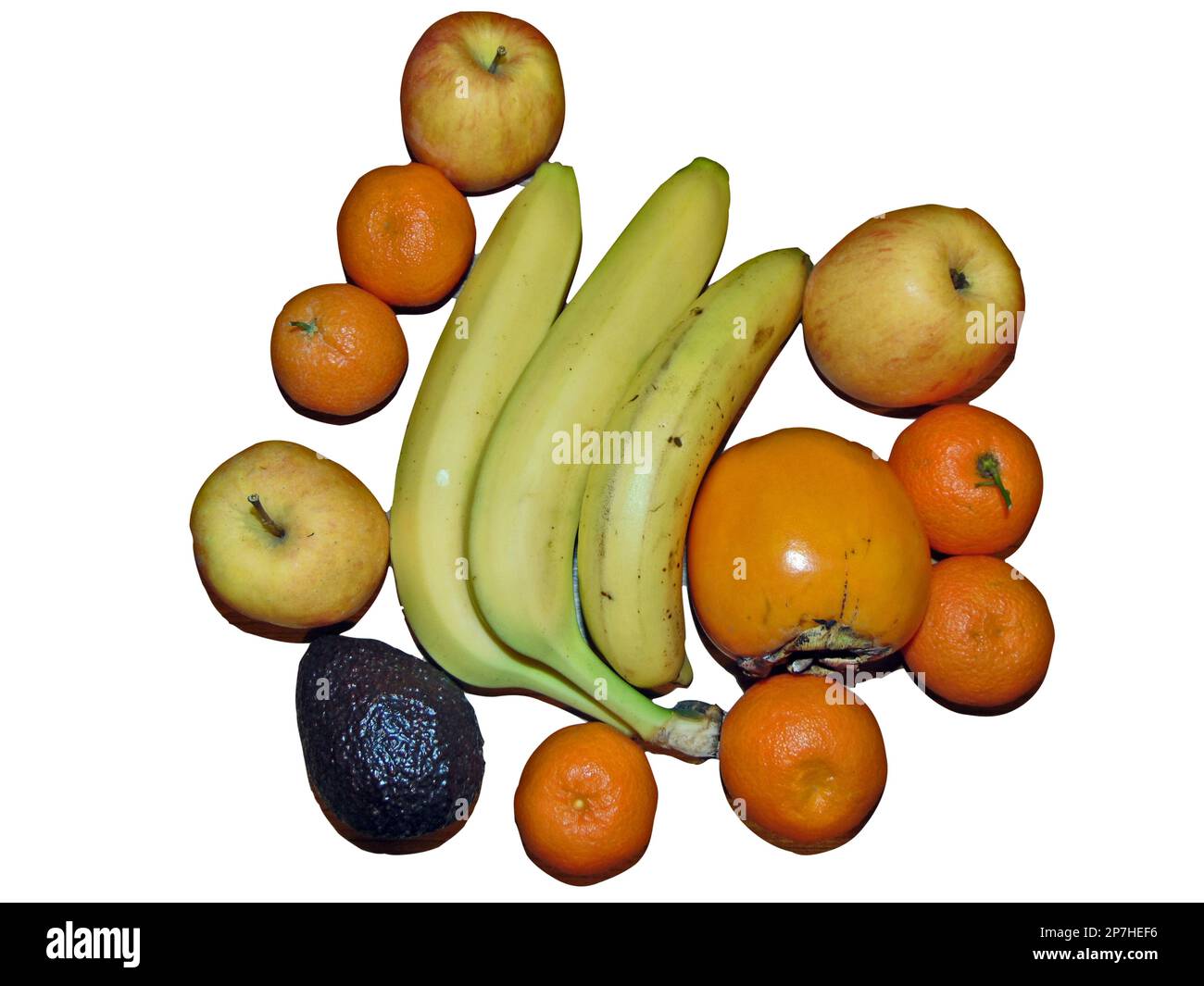 fruits isolated on white background - clementines, persimmon, apples, bananas, avocado Stock Photo
