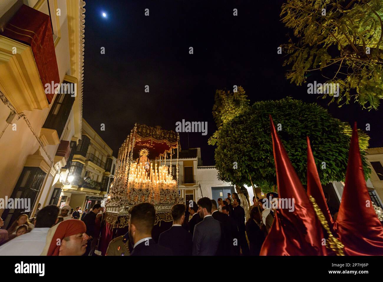 Arahal. Seville. Spain. 14th April, 2022. The pallium of the Misericordia brotherhood during the procession on Maundy Thursday. Stock Photo