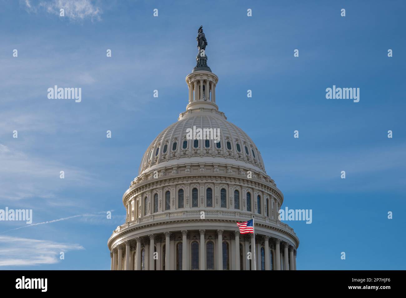 United States Capitol Dome with bright blue sky in background with copy space. Stock Photo