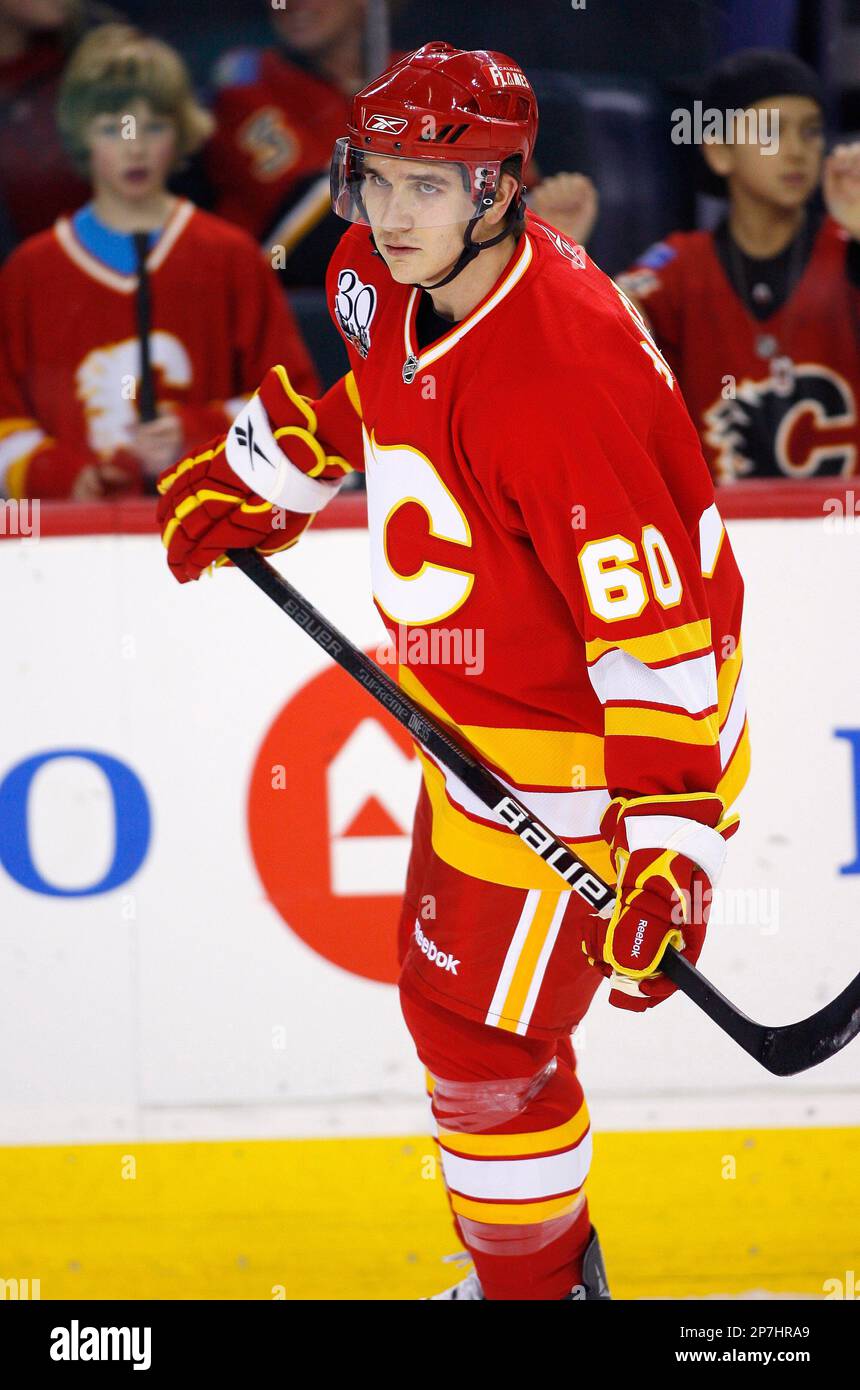 NHL profile photo on Calgary Flames captain Mikael Backlund, from Sweden,  at a game against the Edmonton Oilers in Calgary, Alta. on Sept. 29, 2023.  (Larry MacDougal via AP Stock Photo - Alamy