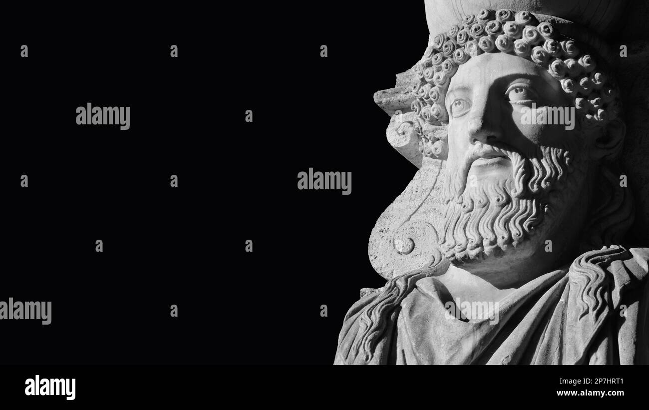 Ancient greek and roman wolrd. A 18th century herme sculpture from Villa Borghese public park in Rome (Black and white with copy space) Stock Photo