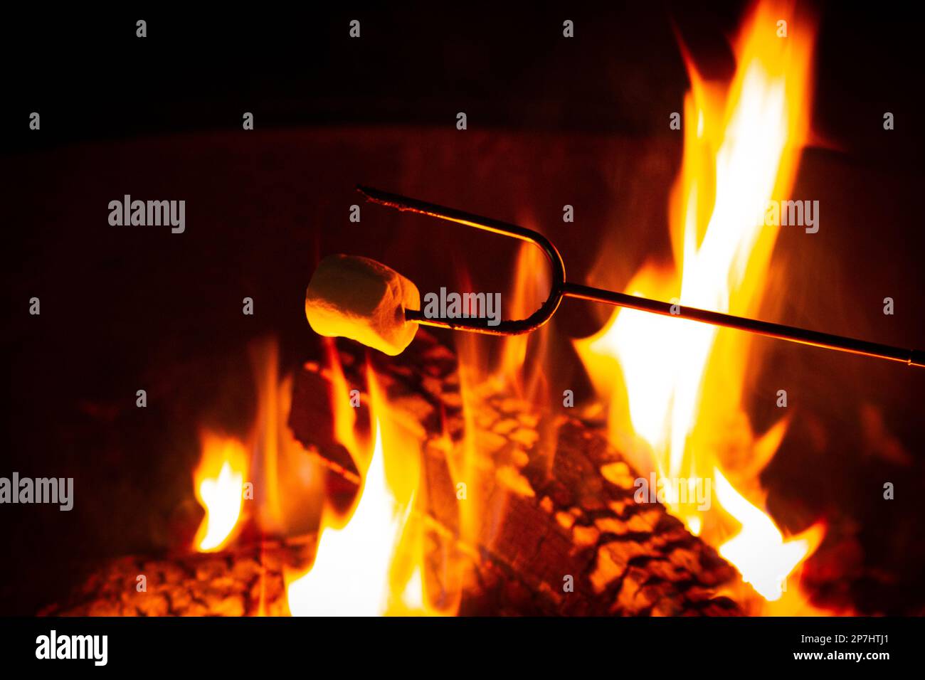Marshmallow roasts over open campfire Stock Photo