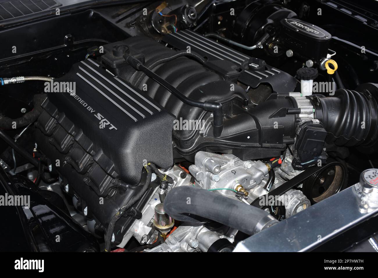 An SRT Engine in a show car at a car show. Stock Photo