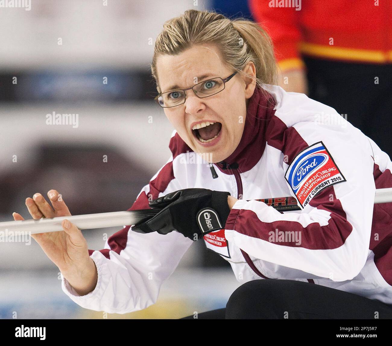 Latvia skip Iveta Stasa-Sarsune calls out while playing against China during the 2010 World Womens Curling Championships in Swift Current, Sask., on Monday, March 22, 2010