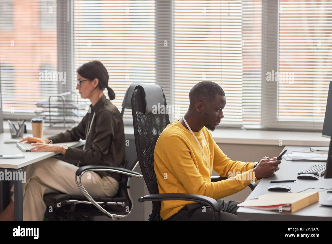 Side view portrait of two office workers at desks back to back working