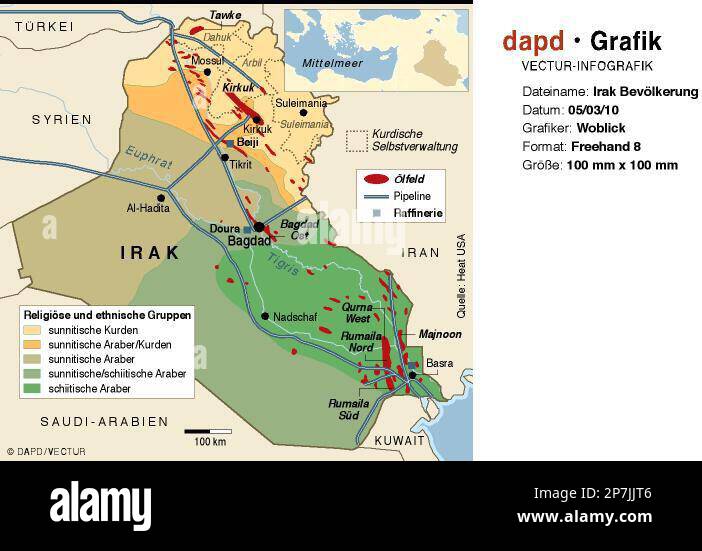 GRA106 GRAFIK IRAK BEVOELKERUNG Karte des Landes mit Einfaerbung der Regionen nach