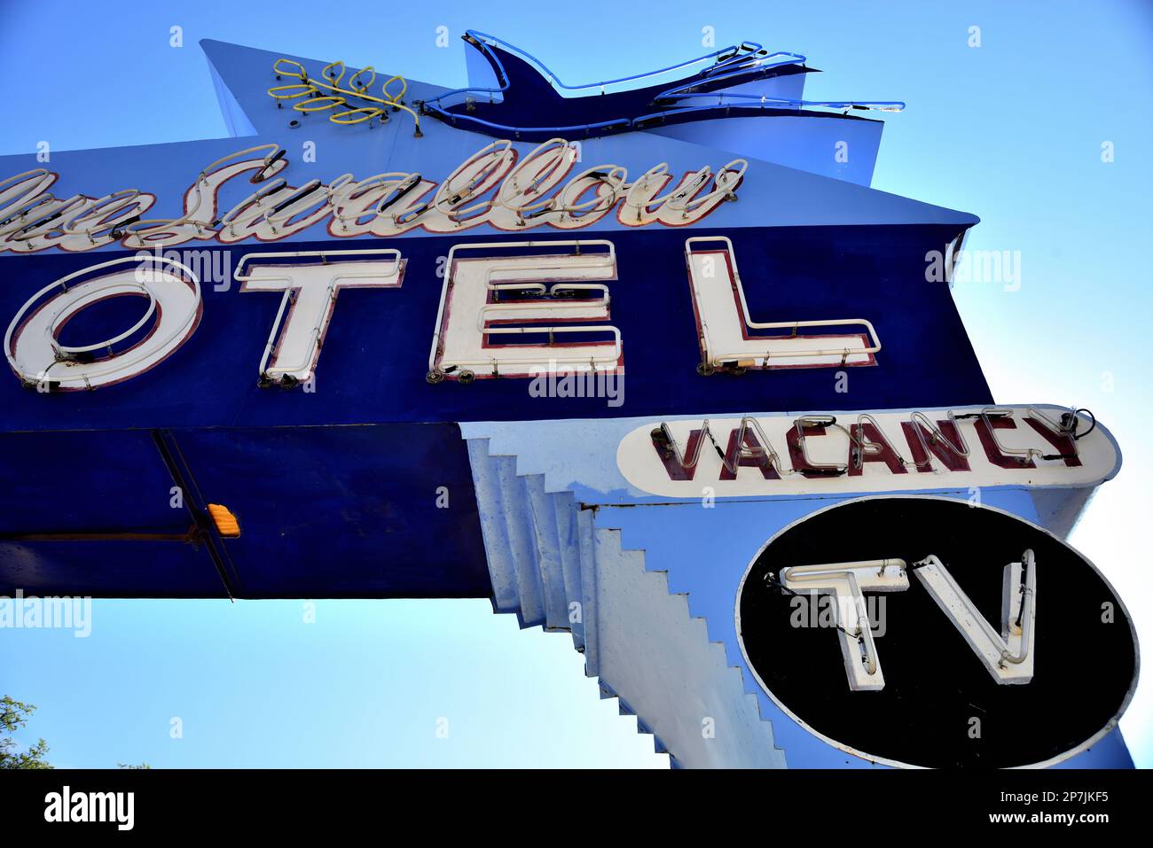 Classic Neon Sign.  Road Side Sign of the Blue Swallow Motel.  The original motel and cafe was built in 1941.  A classic on Route 66 in Tucumcari, NM Stock Photo
