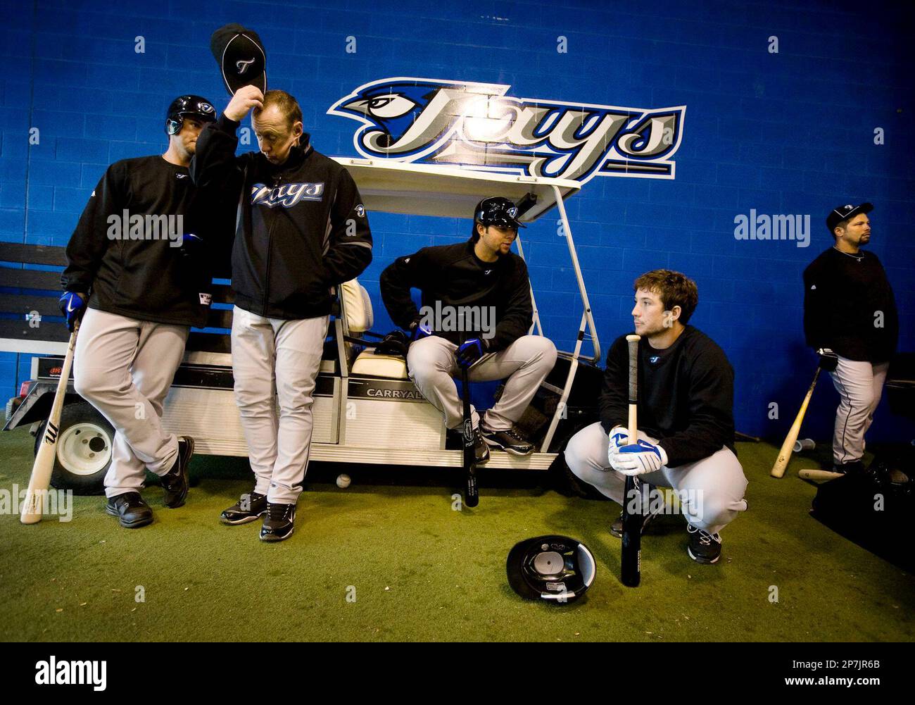 Toronto Blue Jays, from left to right, Jeremy Reed, first base coach