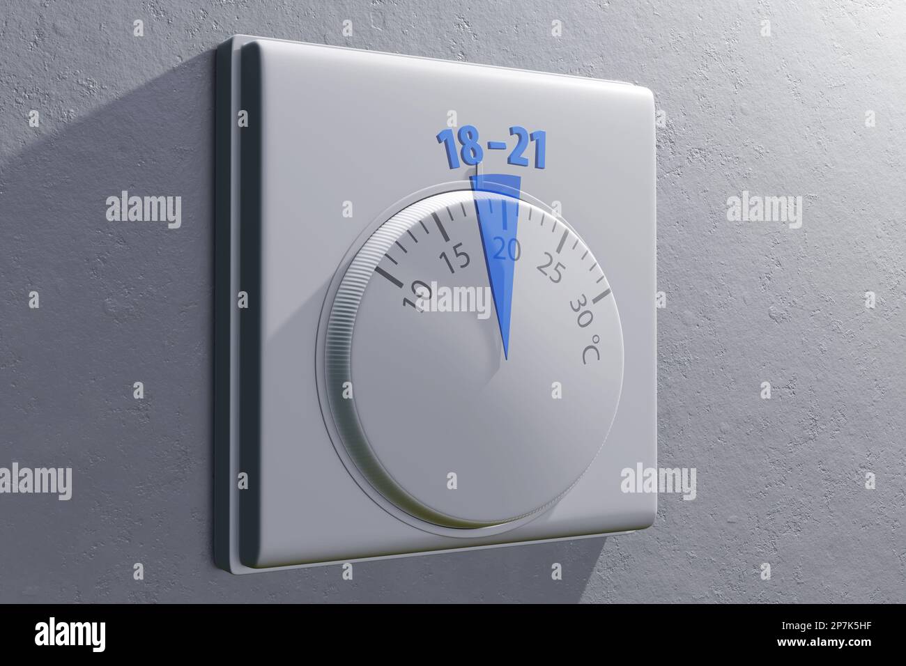 Air conditioner or heater temperature switch is set to 19 degrees celsius and a semi-transparent indicator showing the recommended temperature range Stock Photo