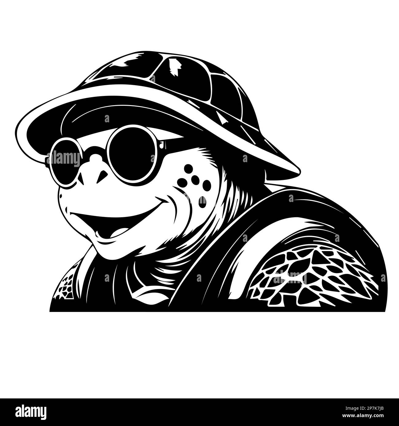 Turtle in a hat and sunglasses. Vector illustration. black and white. Stock Vector