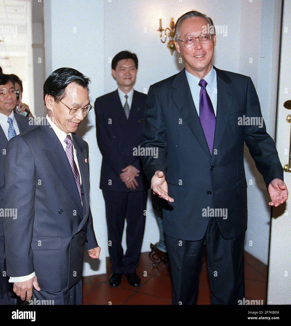 Thai Prime Minister Chuan Leekpai (left) calling on Singapore Prime  Minister Goh Chok Tong (right) at the Raffles Hotel. Mr Chuan is on a  one-day working visit to Singapore.(Singapore Press via AP