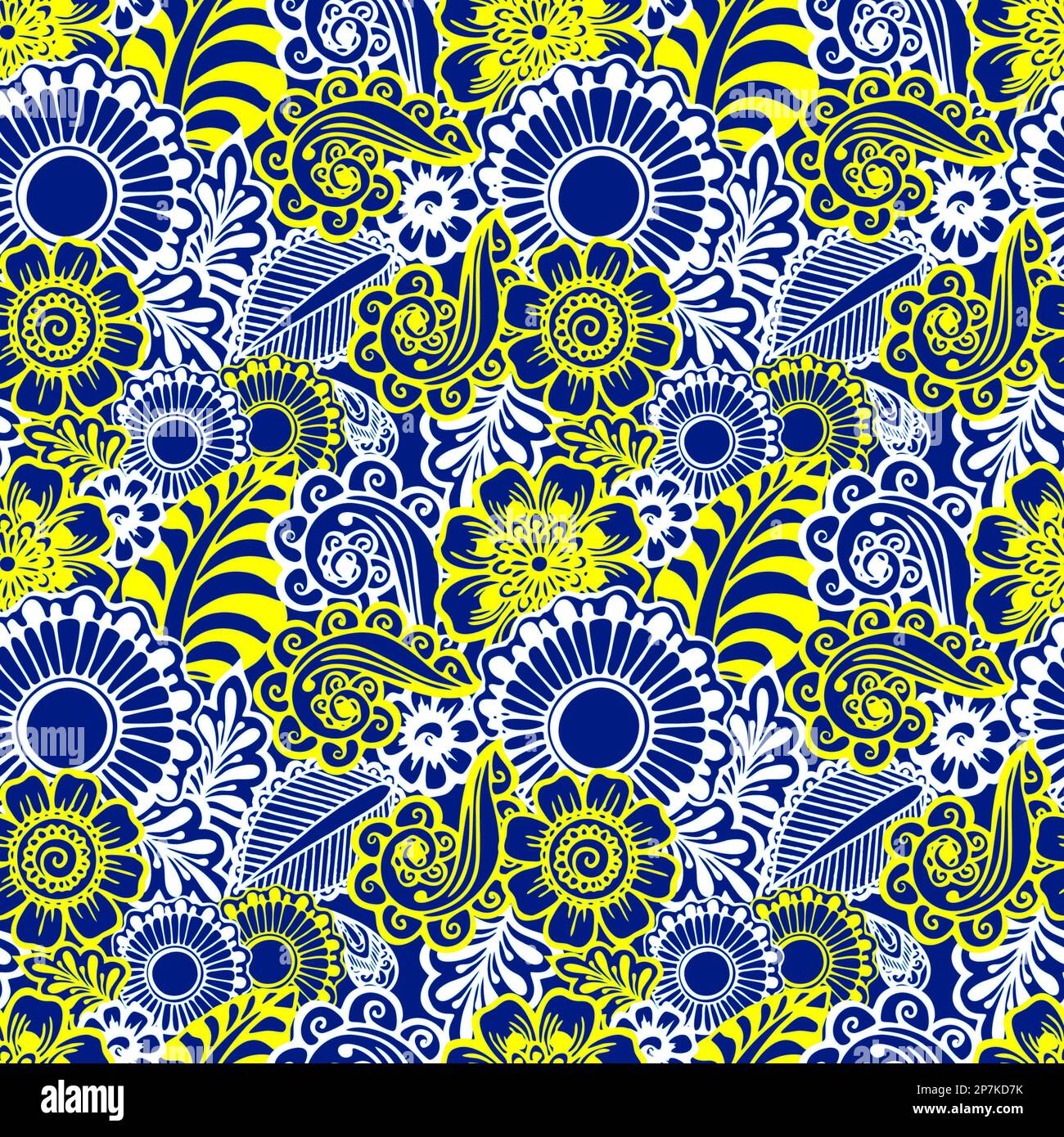 seamless floral graphic pattern of white and yellow elements on a blue background, texture, design Stock Photo