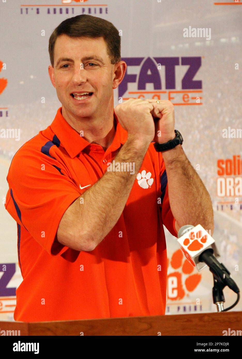 Clemson football coach Dabo Swinney discusses the NCAA college football team's signing-day class, during a news conference Wednesday, Feb. 3, 2010, in Clemson, S.C. (AP Photo/Anderson Independent-Mail, Mark Crammer) Stock Photo