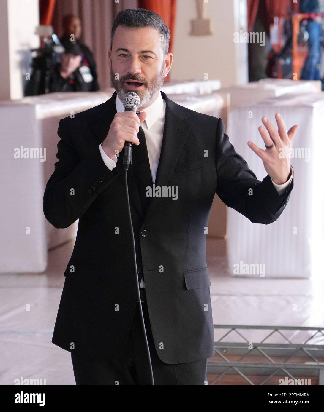 Jimmy Kimmel speaks at the 95th Oscars Arrivals Carpet Roll Out held at ...