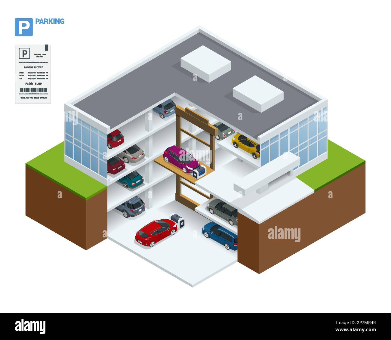 Isometric robot valet parking cars. Outdoor valet parking robot. Automated parking systems for cars Underground parking with cars. Indoor car park Stock Vector