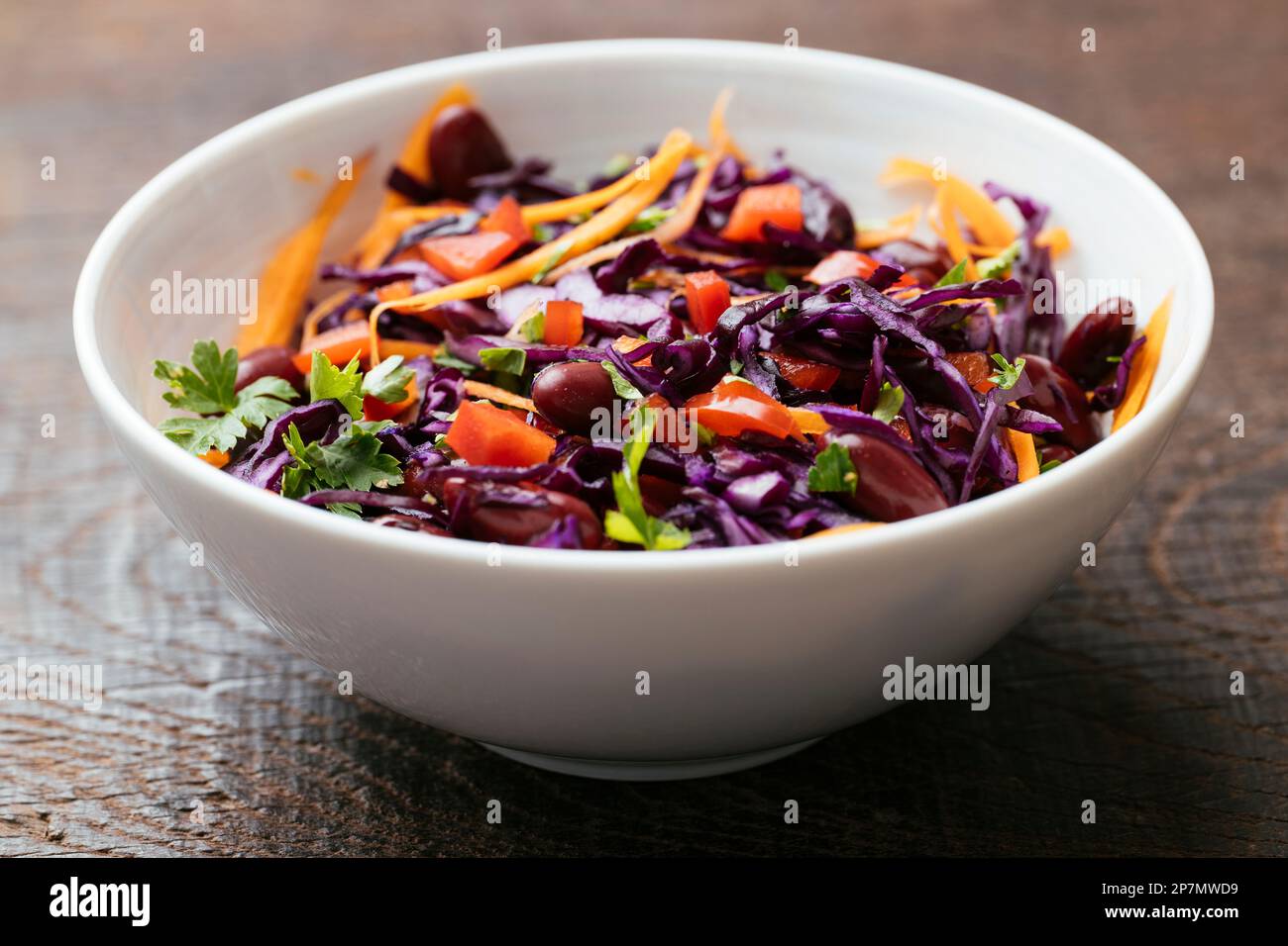 Home made Kidney Bean and Purple Cabbage Salad with carrots and red