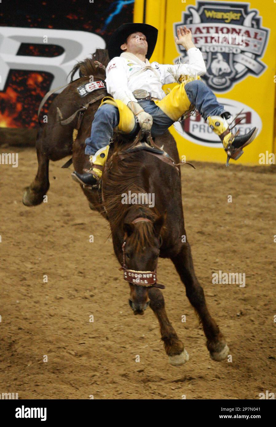 Bobby Mote competes in the bareback riding event during the ninth go ...