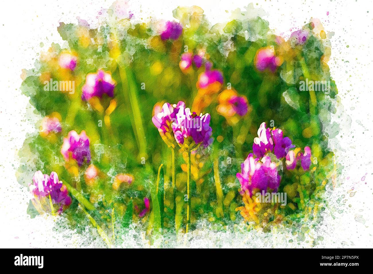A painting of purple flowers in a field. Design for wallpaper, greeting ...